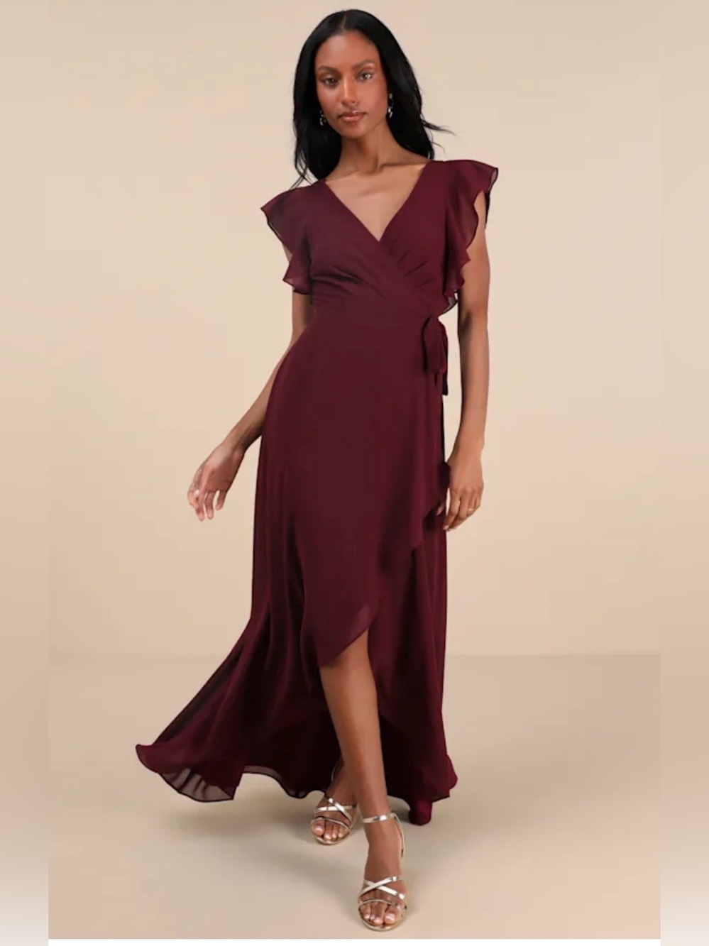 Lulus Burgundy wrap maxi dress flutter sleeve high low formal NWT